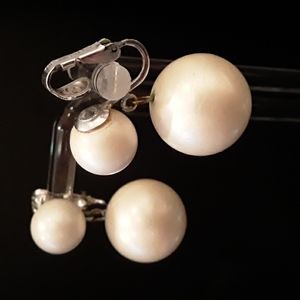 50s Faux Pearl Dangle Earrings, silver tone clip backs